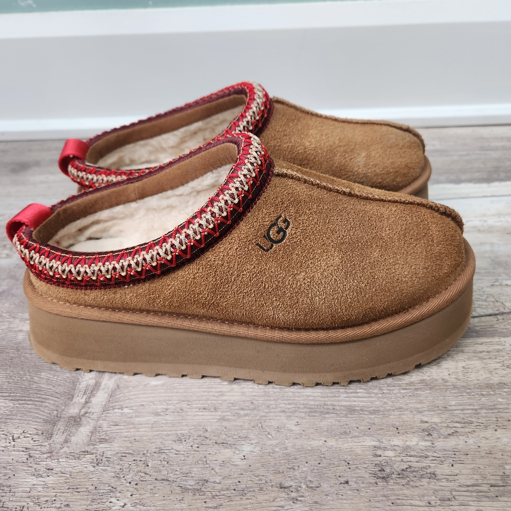 UGG Brown Suede Slippers with Red Stitching